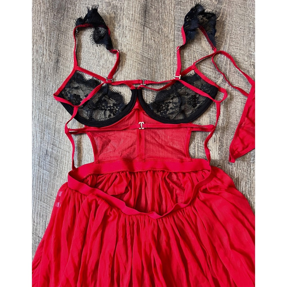Red and black strappy 2 pc lingerie teddy mesh lace babydoll sexy size S/M - Picture 6 of 7